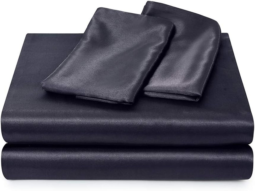 Satin Bed Sheets Queen Sheet Set, Black Silk Sheets, 4 - Pieces Soft Bedding Set with 1 Deep Pocket Fitted Sheet,1 Flat Sheet,2 Pillowcase