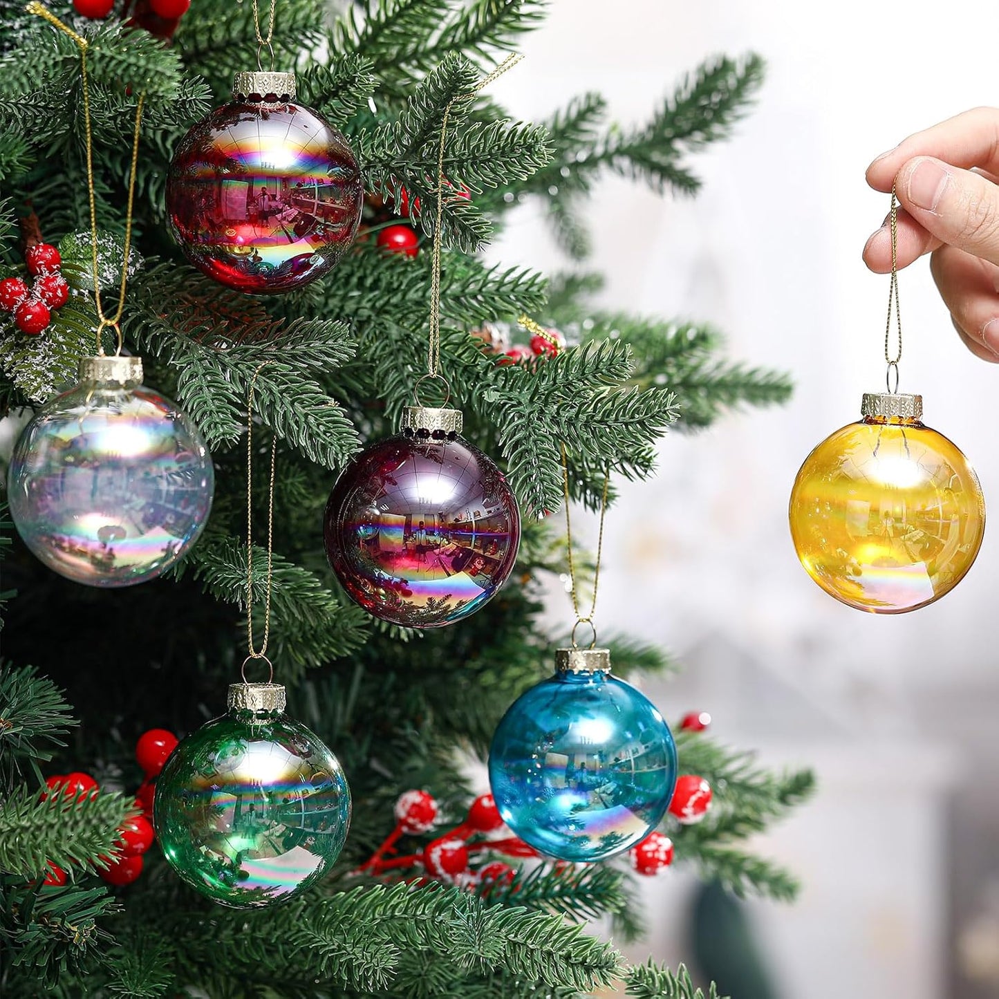 12 Pcs Iridescent Glass Christmas Ornaments 2.36 Inch for Holiday Decor