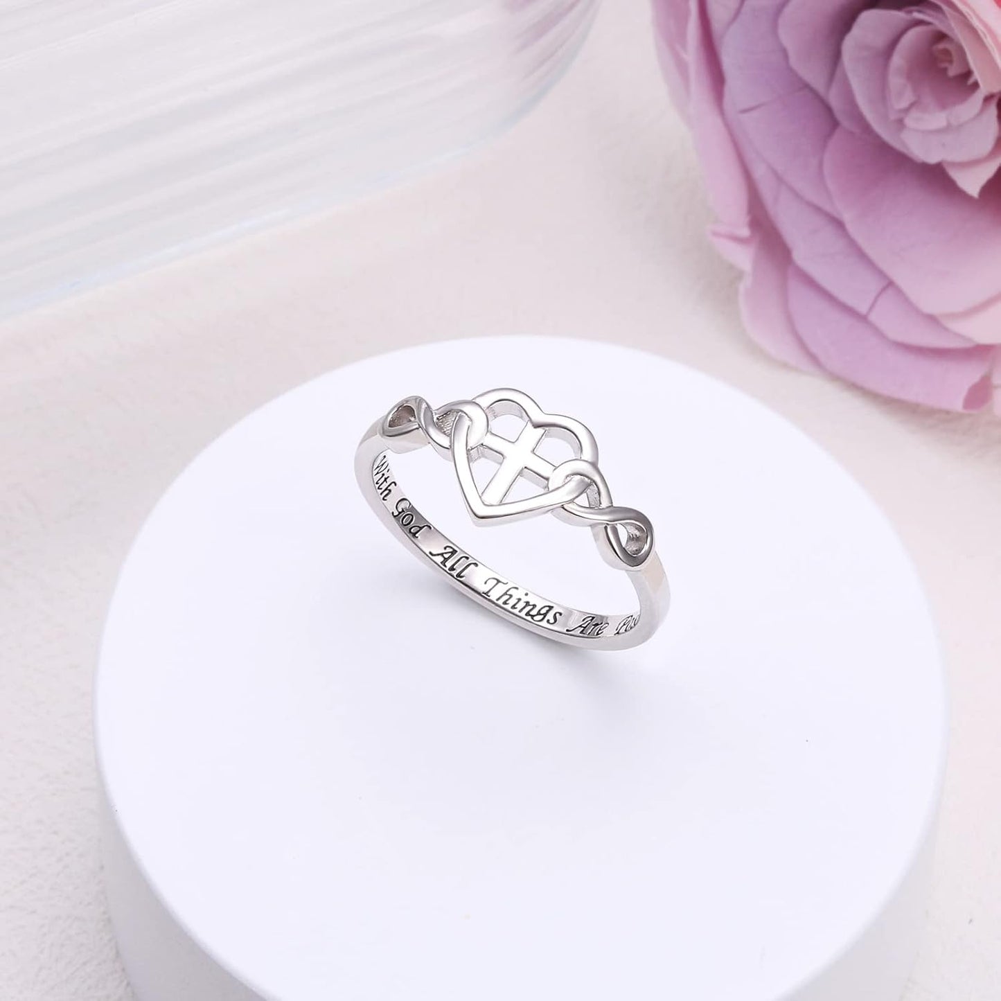 S925 Sterling Silver Christian Cross Heart Inspirational Faith Bible Verse Necklace & Rinags for Women Teen Jewelry