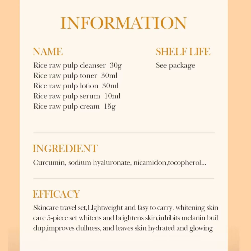 Rice Whitening Skin Care Set, Facial Cleanser+Toner+Essence+Lotion+Cream,Brightning Htdrating Serum,Women Skin Care