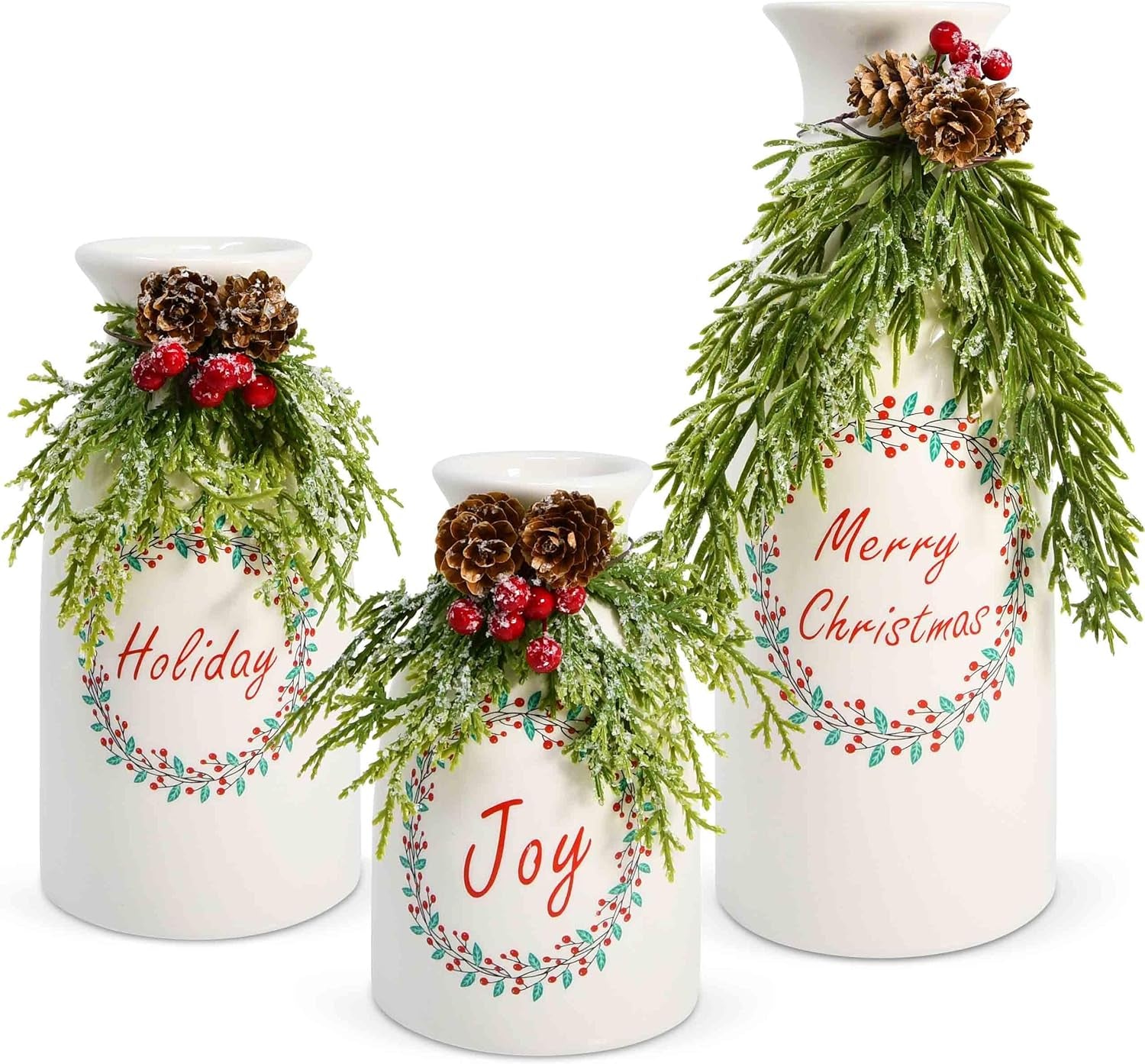 Set of 3 White Ceramic Christmas Vases with Artificial Holiday Decor