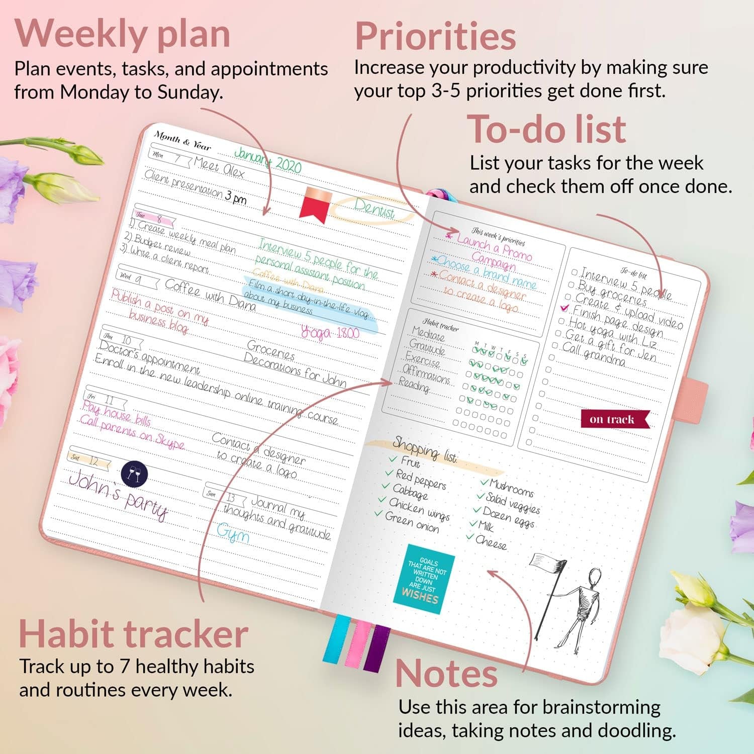 Planner and Organizer for Women – A5 Size Weekly Planner, Goals Journal & Agenda to Improve Time Management, Productivity & Live Happier. Undated – Start Anytime, Lasts 1 Year – Peach Pink