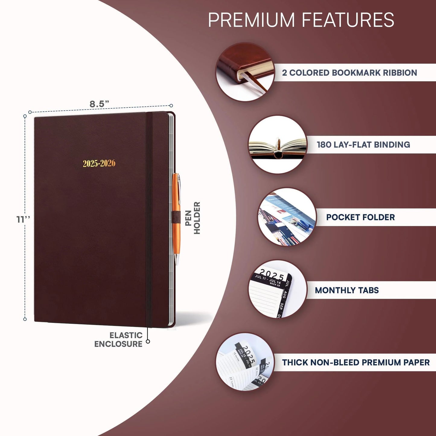 2025 2026 HARDCOVER Leather Planner Weekly & Monthly 8.5X11 Inches Academic Planner Business Personal or Student Pen Holder Thick Paper July 2025 June 2026 (Dark Red)