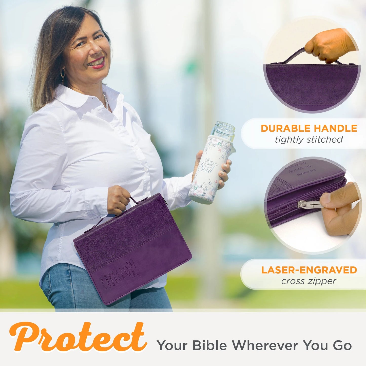 Purple Faux Leather Bible Cover for Women Faith Purple Paisley- Hebrews 11:1 Zippered Case for Bible or Book W/Handle, Large