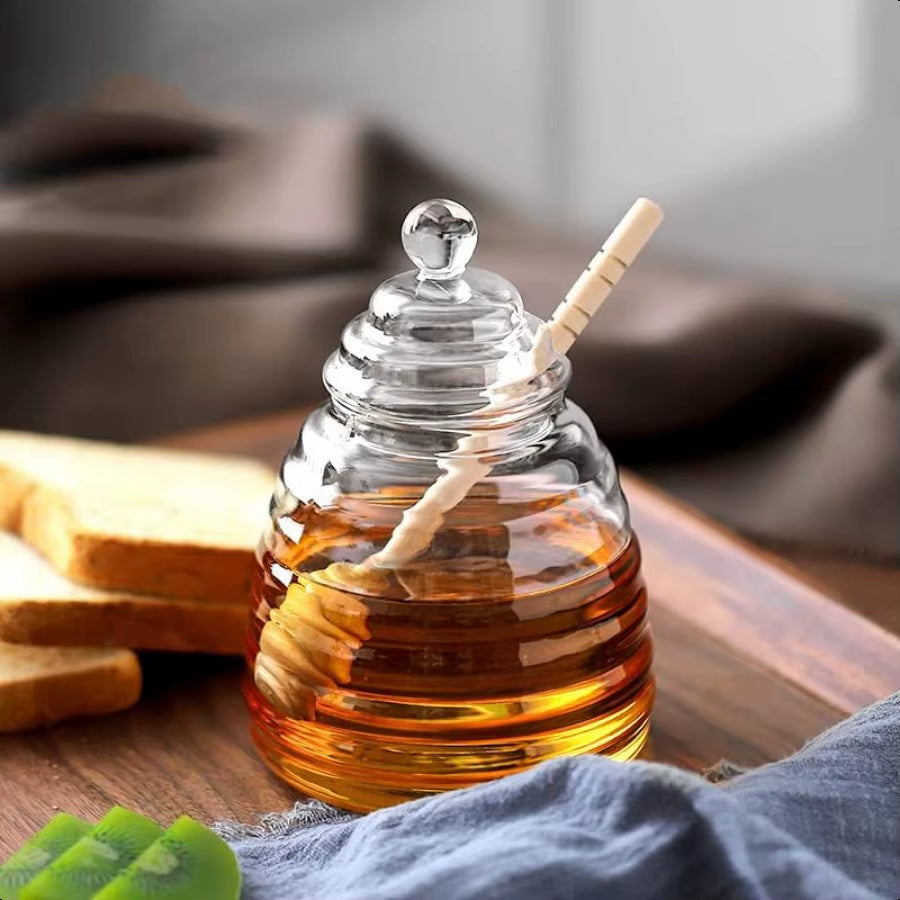 16.9 Oz Honey Pot with Dipper Glass Honey Jar and Dipper Set Honey Dispenser Beehive Honey Pot for Store Honey and Syrup Wooden