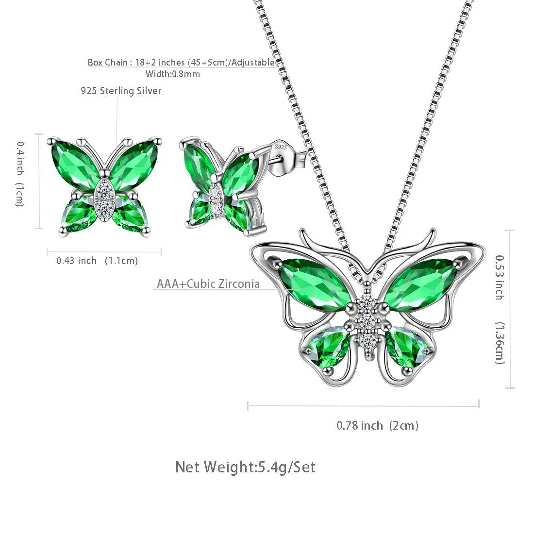 Green Butterfly Jewelry Emerald May Birthstone Jewelry Set Fine Necklace/Earrings 925 Sterling Silver Women Birthday Mother'S Day Gifts