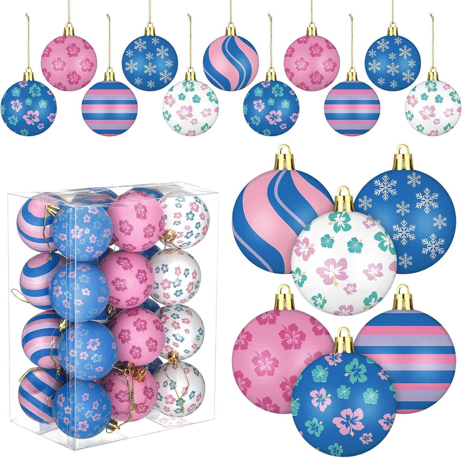 24 Pcs 2.36" Cartoon Christmas Ball Ornaments for Holiday Decor (Stitch)