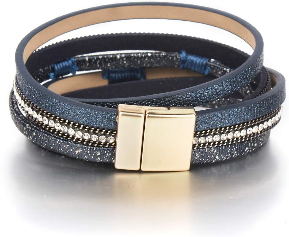 Leather Wrap Bracelet Boho Cuff Bangle Bracelets Crystal Bead Bracelet with Magnetic Clasp Jewelry Gifts for Women