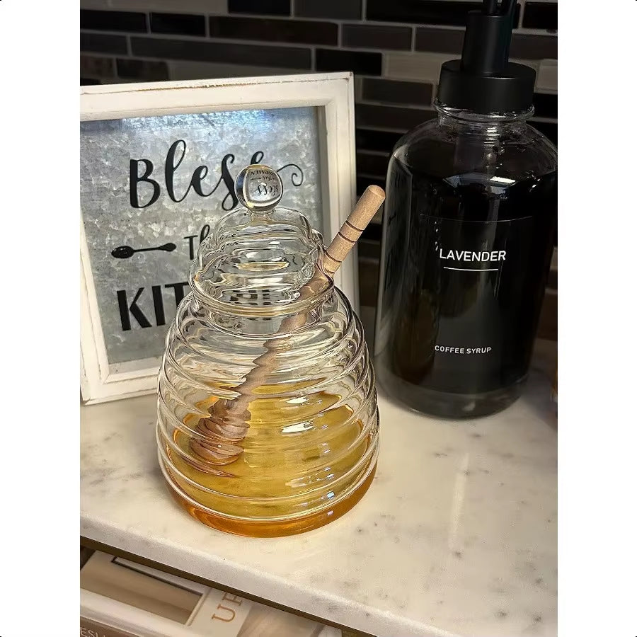 16.9 Oz Honey Pot with Dipper Glass Honey Jar and Dipper Set Honey Dispenser Beehive Honey Pot for Store Honey and Syrup Wooden