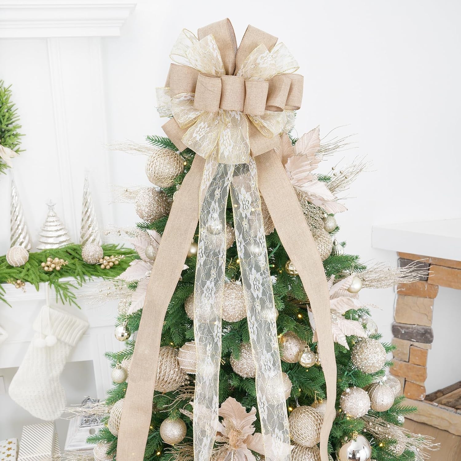 Christmas Tree Topper,Christmas Ornament with Glitter Satin Mesh Streamer,For Your Christmas Decor (Circle Tree Topper, Beige)