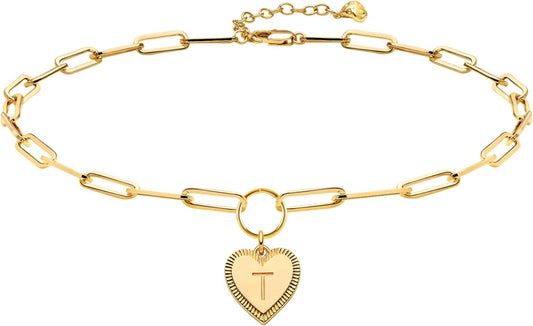 Gold Heart Initial Necklace 18K Gold Plated Handmade Letter Heart Choker Necklace for Women Minimalist Personalized Alphabet Necklaces Jewelry for Her