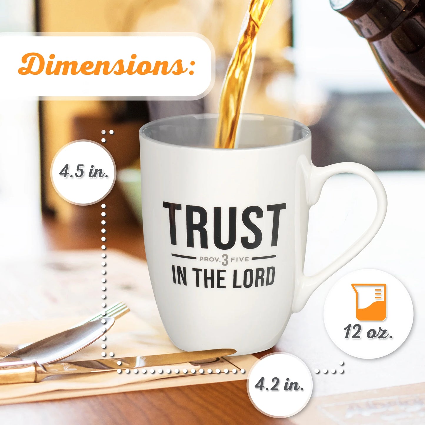 Inspirational Ceramic Coffee & Tea Mug for Men & Women: Trust in the Lord Encouraging Bible Verse Proverb, Lead-Free Novelty Drinkware W/Silver Foil, White & Dark Gray, 12 Oz.