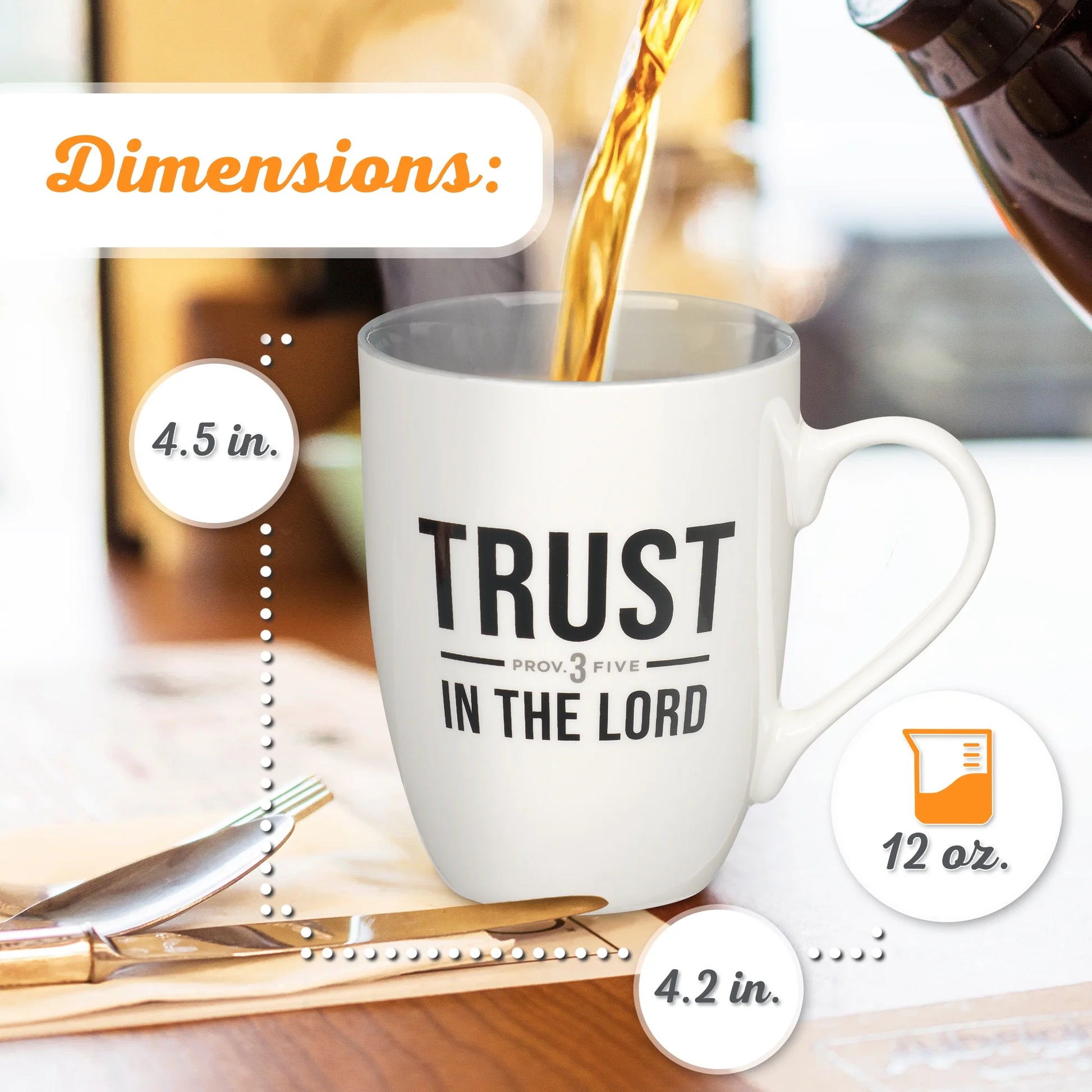 Inspirational Ceramic Coffee & Tea Mug for Men & Women: Trust in the Lord Encouraging Bible Verse Proverb, Lead-Free Novelty Drinkware W/Silver Foil, White & Dark Gray, 12 Oz.