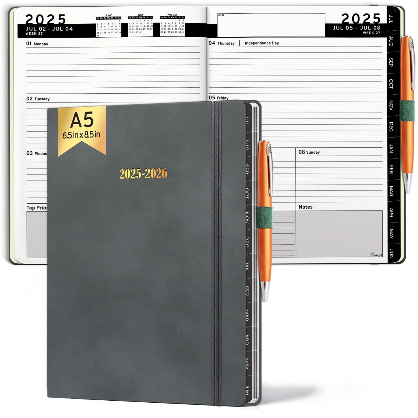 2025 2026 HARDCOVER Leather Planner Weekly & Monthly 6.5 * 8.5 Inches Academic Planner Business Personal or Student Pen Holder Thick Paper July 2025 June 2026 (Dark Grey)