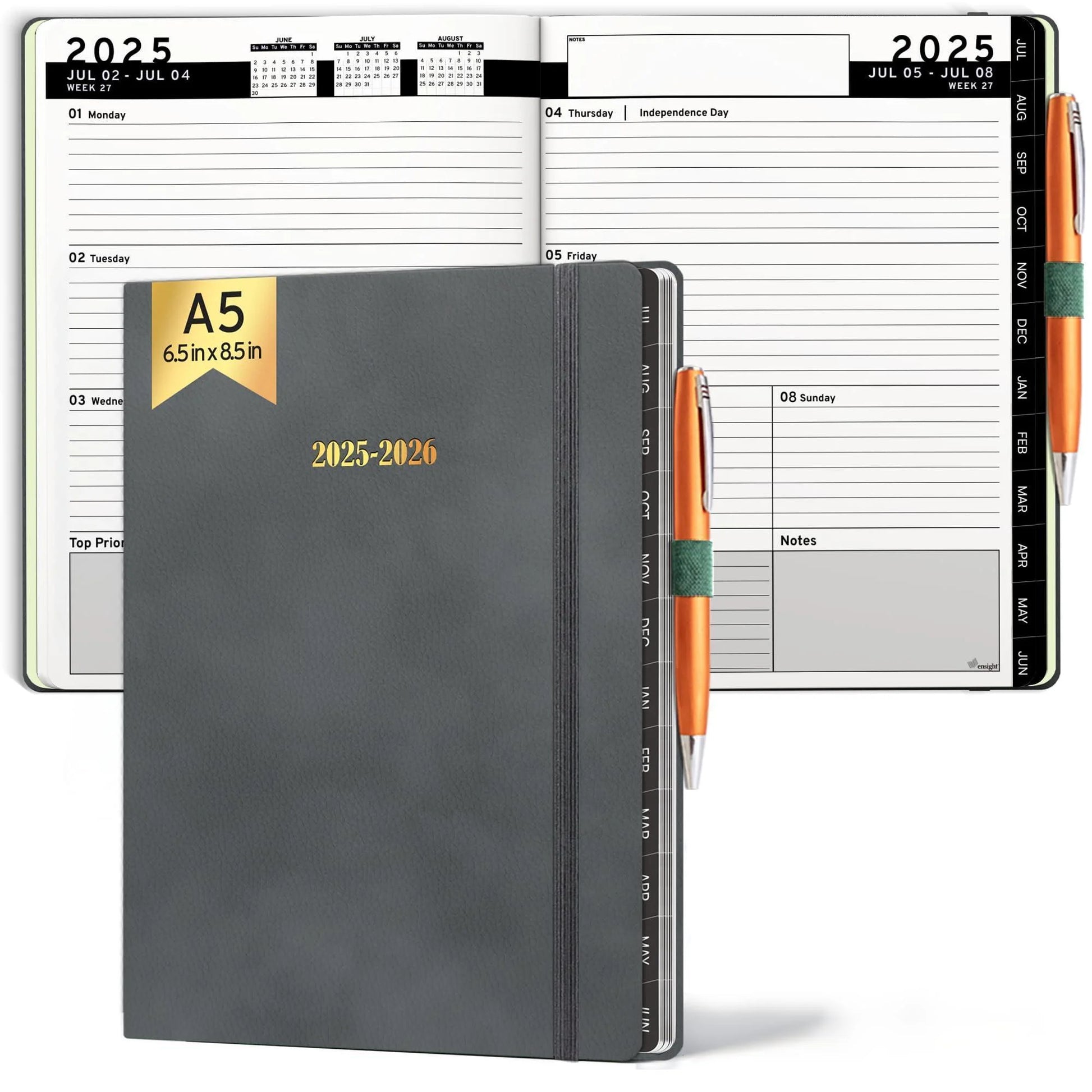 2025 2026 HARDCOVER Leather Planner Weekly & Monthly 6.5 * 8.5 Inches Academic Planner Business Personal or Student Pen Holder Thick Paper July 2025 June 2026 (Dark Grey)