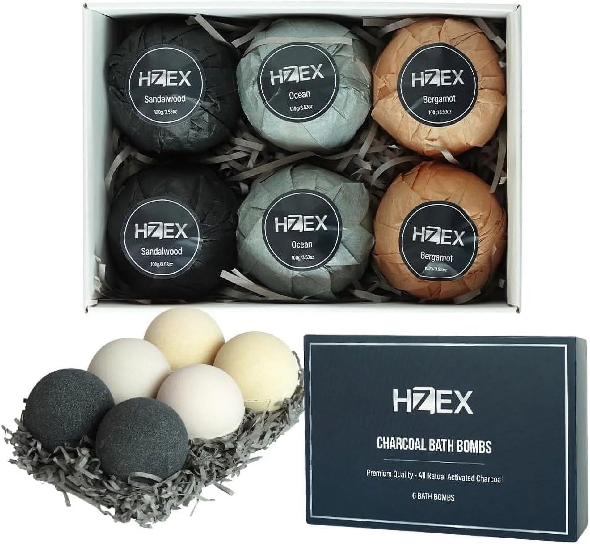 Bath Bombs,  Luxury Charcoal 6 Large Natural Bathbomb Fizzes for Men Women, Organic Bath Bomb with Essential Oils and Shea Butter, Stress Relief and Relaxation, Detox with Charcoal Bathbombs