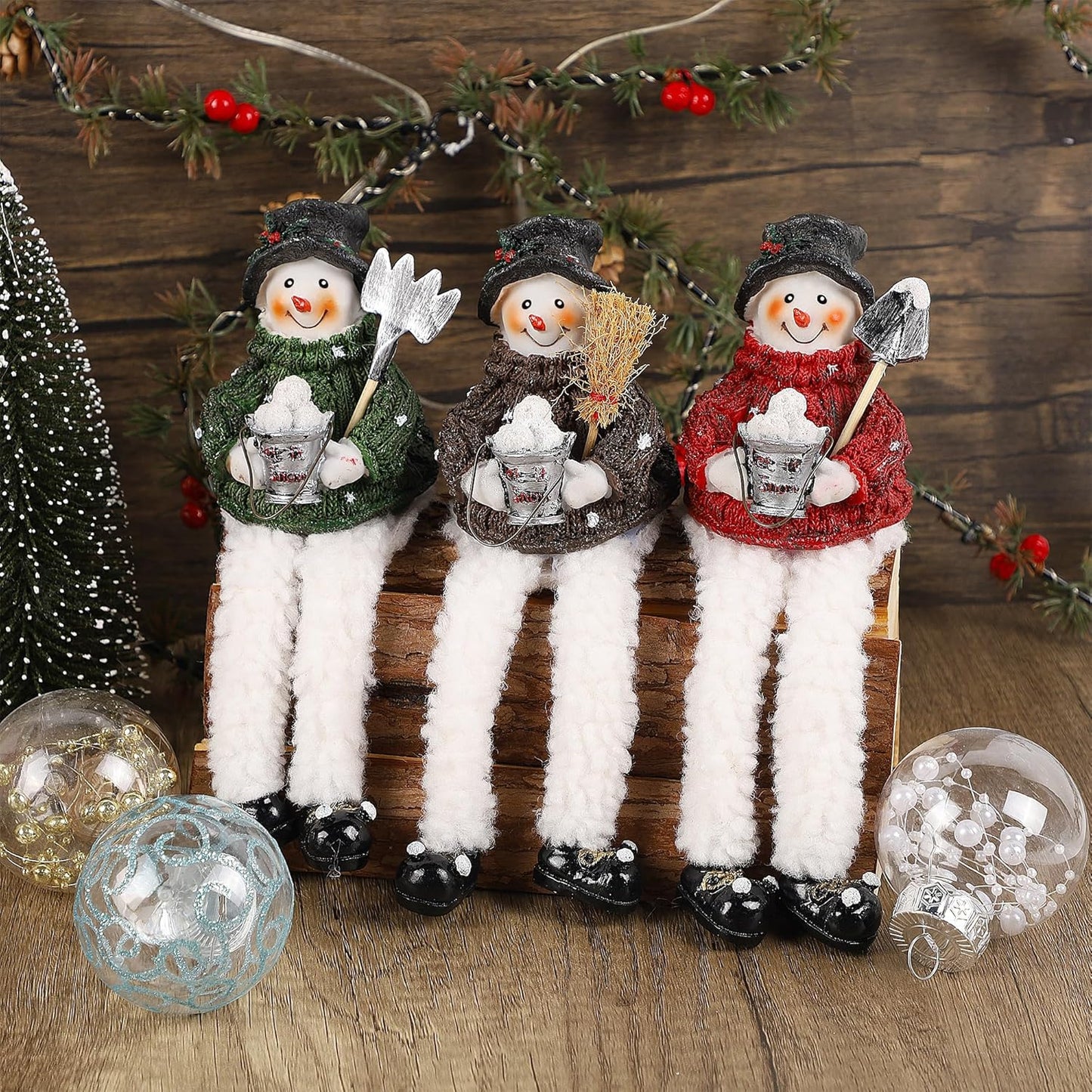 Resin Snowman Shelf Sitters with Plush Legs - 3 Pack Holiday Decor