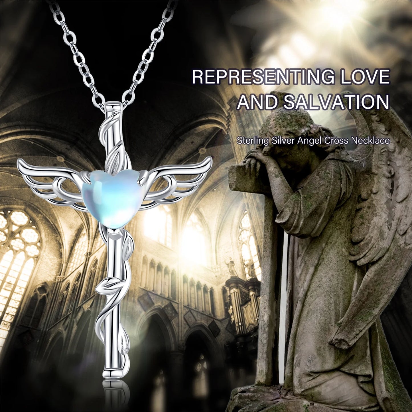Angel Wing Cross Necklace 925 Sterling Silver Moonstone Cross Crucifix Pendant Necklace Guardian Angel Wings Necklace Cross Jewelry Gifts for Women
