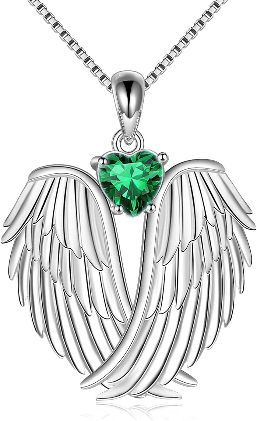 Angel Wings Necklace 925 Sterling Silver Guardian Angel Wings Pendant Necklace Birthstone Necklace for Women Girls Christmas Jewelry Gifts