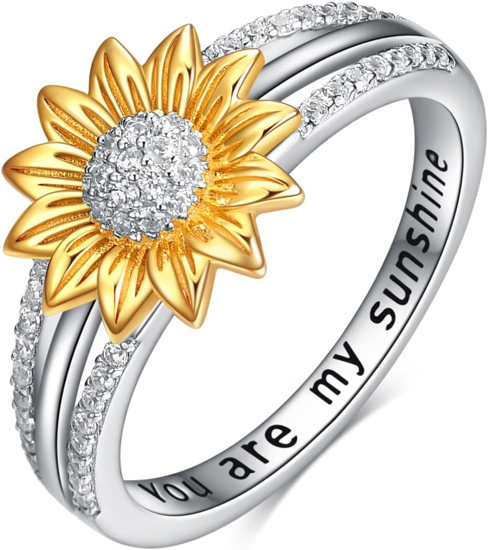 Sterling Silver You Are My Sunshine Sunflower Statement Ring with Cubic Zirconial Band Gifts