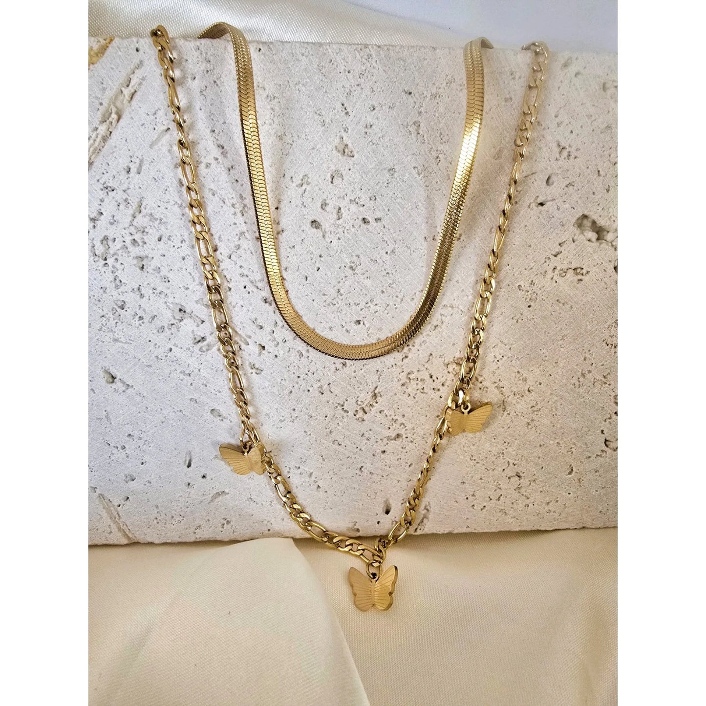 JEWELRY 18K Yellow Gold-Plated Layered Necklace for Women – Link Chain with 3 Butterfly Charms & Snake Chain, 16", Tarnish-Resistant