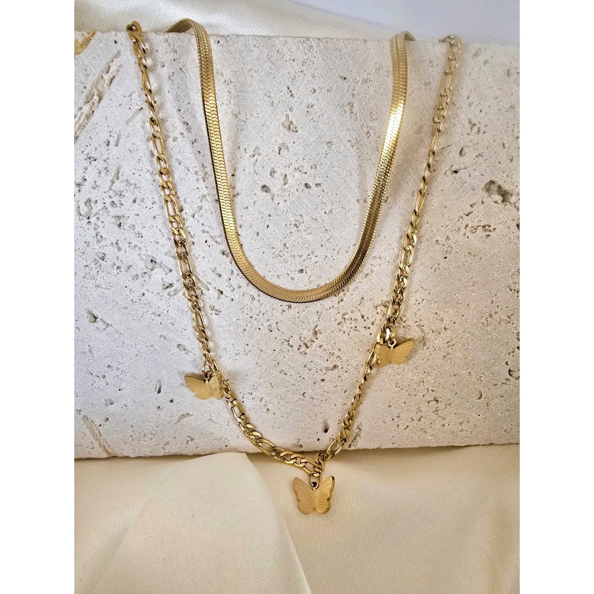 JEWELRY 18K Yellow Gold-Plated Layered Necklace for Women – Link Chain with 3 Butterfly Charms & Snake Chain, 16", Tarnish-Resistant