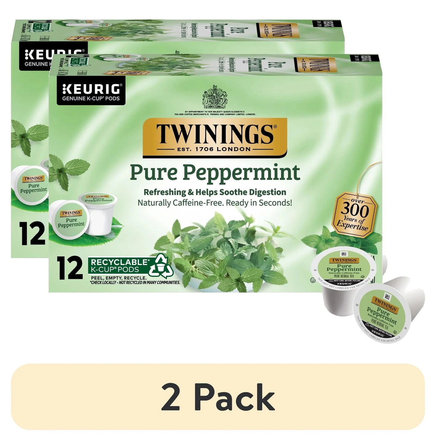 (2 Pack)  Pure Peppermint Herbal Tea K-Cup Pods for Keurig, 12 Count, Caffeine-Free