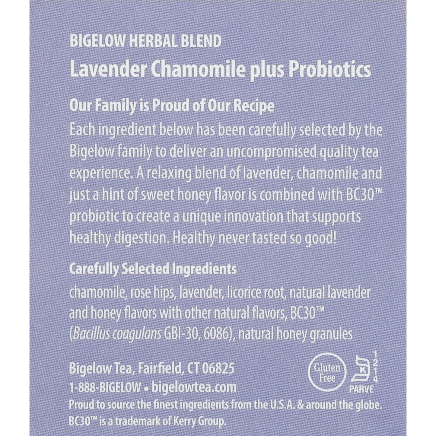 Bigelow Lavender Chamomile plus Probiotics, Caffeine Free, Herbal Tea Bags, 18 Count