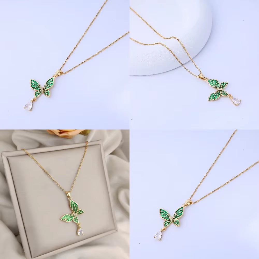 Fashionable and High-End Green Pearl Butterfly Water Droplet Necklace for Female Actors, Elegant Temperament, Versatile Titanium