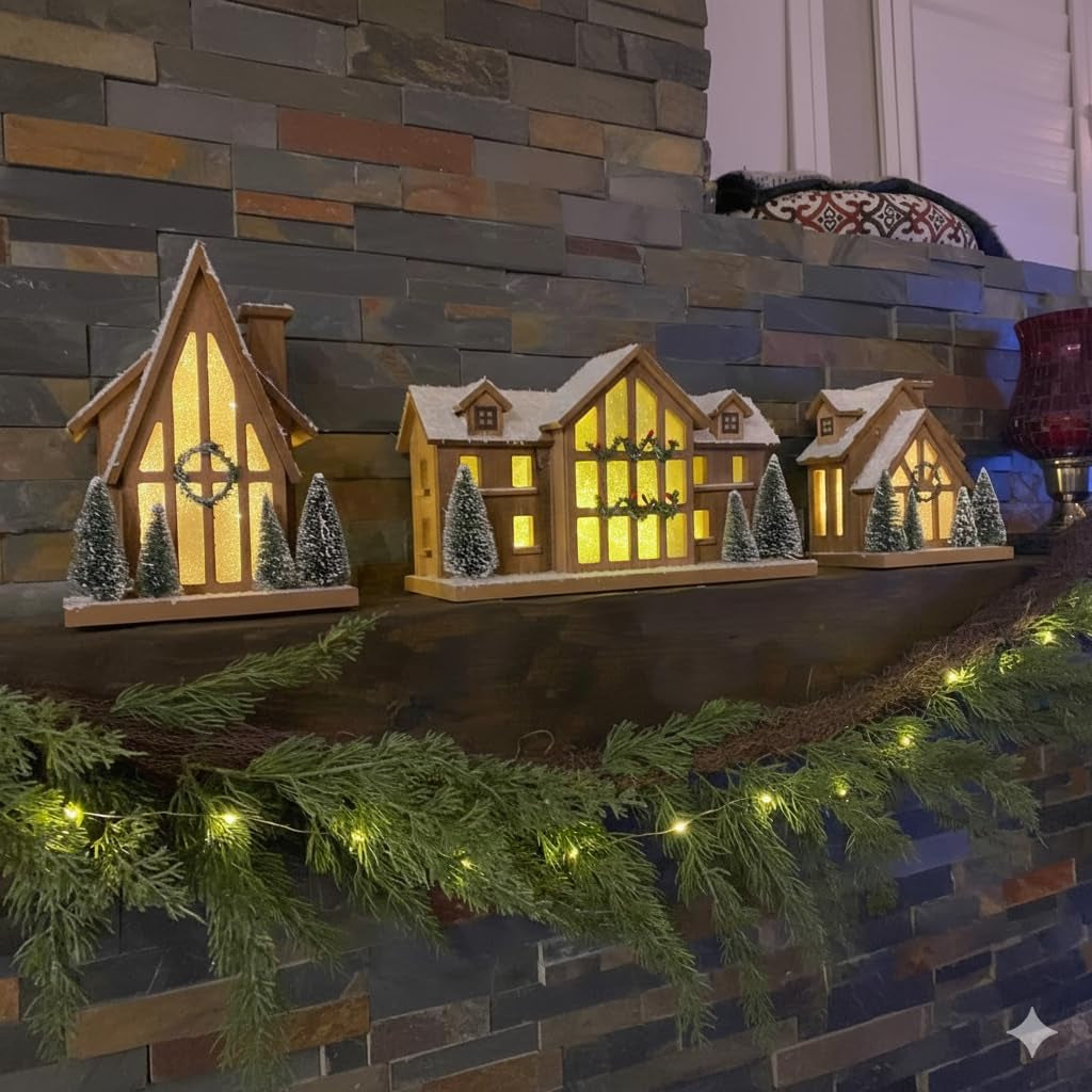 LED Wooden Snow Scene Christmas Village with Timer Rustic Holiday Decor