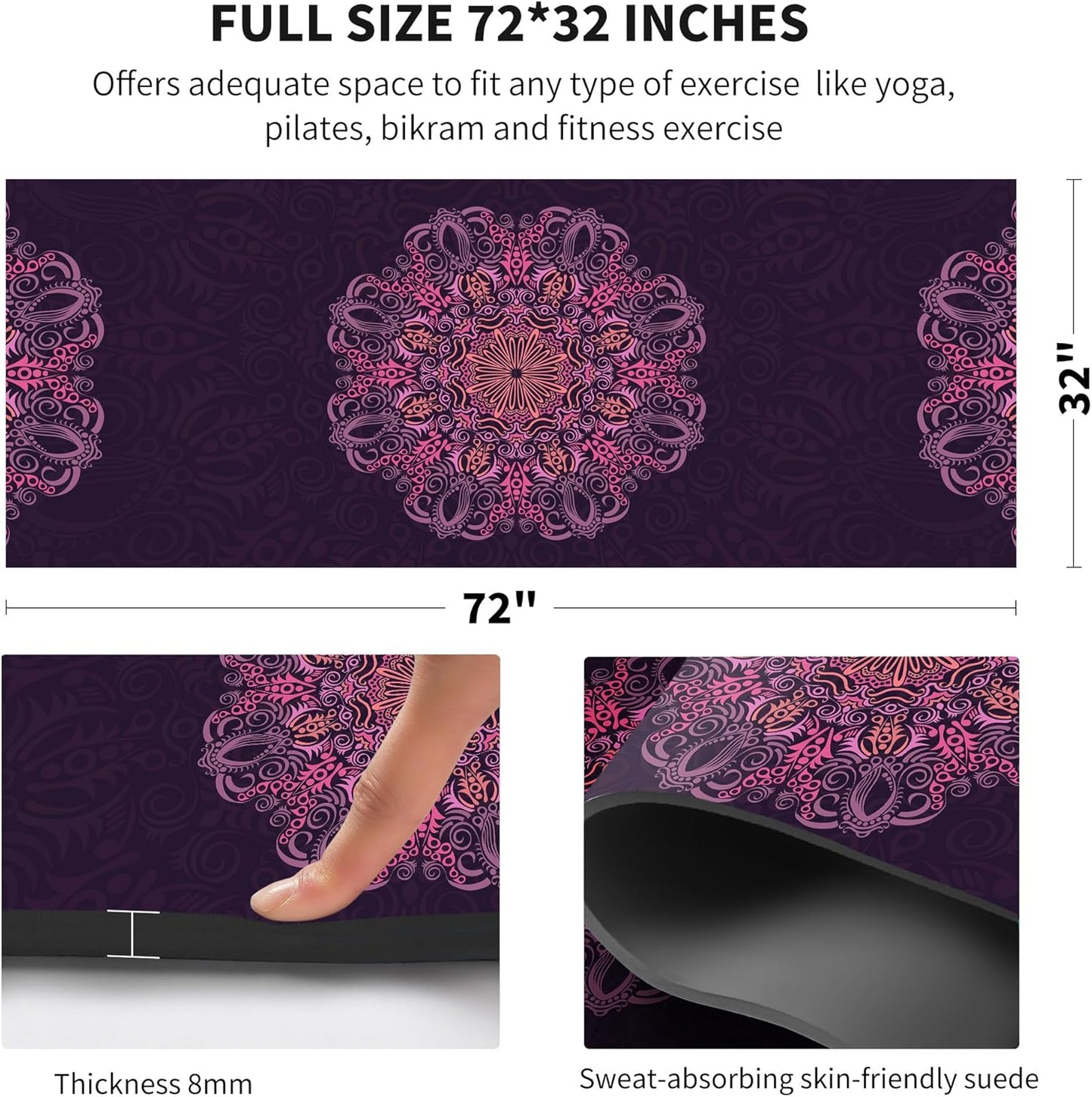 Suede TPE Yoga Mat High Density Non Slip Yoga Mats with Carrying Bag,72"X32" Extra Thick 8MM Exercise & Workout Mat for Yoga, Pilates and Fitness