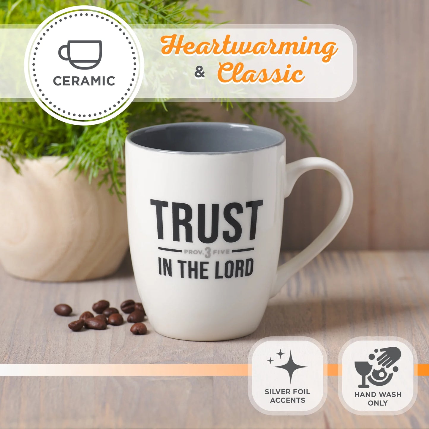 Inspirational Ceramic Coffee & Tea Mug for Men & Women: Trust in the Lord Encouraging Bible Verse Proverb, Lead-Free Novelty Drinkware W/Silver Foil, White & Dark Gray, 12 Oz.